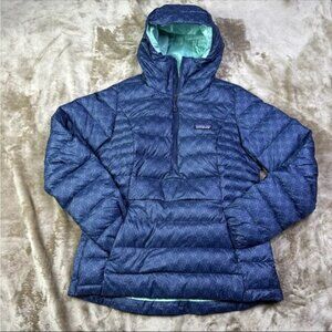 Patagonia Down Sweater Pullover Anorak Women’s XXS Navy with teal stars.